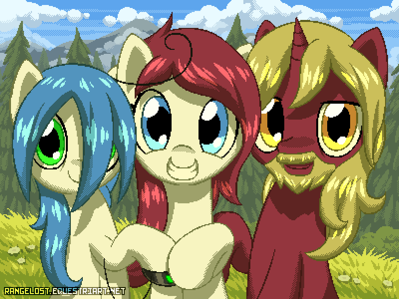 Size: 800x600 | Tagged: safe, artist:rangelost, derpibooru import, oc, oc:flask, oc:mal, oc:rally, unofficial characters only, earth pony, pony, unicorn, bracelet, forest, image, jewelry, looking at you, mountain, png, scenery, tree