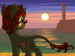 Size: 800x600 | Tagged: safe, artist:rangelost, derpibooru import, oc, unofficial characters only, pony, unicorn, beach, cliff, curly mane, green eyes, horn, image, leonine tail, lighthouse, ocean, png, rear view, sand, smiling, solo, sundown, sunset, tail, unicorn oc, water