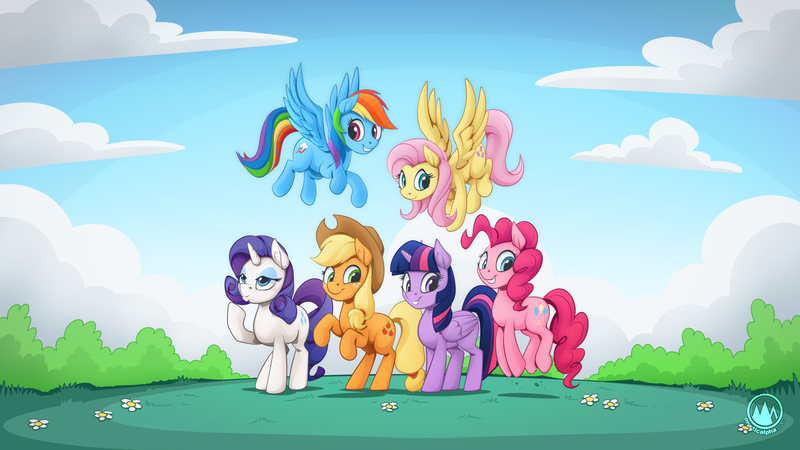 Size: 1920x1080 | Tagged: safe, artist:mysticalpha, derpibooru import, applejack, fluttershy, pinkie pie, rainbow dash, rarity, twilight sparkle, twilight sparkle (alicorn), alicorn, earth pony, pegasus, pony, unicorn, female, flying, grin, image, jpeg, jumping, looking at you, mane six, mare, raised hoof, rearing, smiling, smiling at you, spread wings, wings