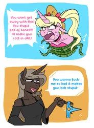 Size: 909x1234 | Tagged: safe, artist:redxbacon, derpibooru import, oc, oc:eureka, oc:parch well, anthro, unicorn, dialogue, image, png