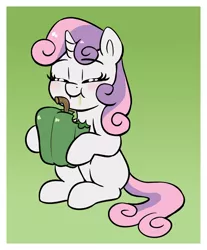 Size: 1600x1932 | Tagged: safe, artist:heretichesh, derpibooru import, sweetie belle, pony, unicorn, bell pepper, blank flank, blushing, cute, diasweetes, eating, eyes closed, female, filly, food, gradient background, hoof hold, image, jpeg, name pun, pepper, solo