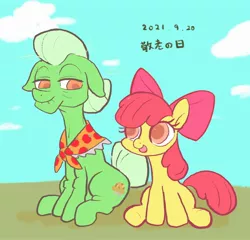 Size: 2200x2108 | Tagged: safe, artist:noupu, derpibooru import, apple bloom, granny smith, earth pony, pony, colored pupils, duo, female, filly, grandmother and grandchild, image, jpeg, looking at each other, mare, sitting