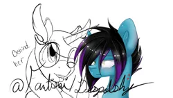 Size: 2560x1440 | Tagged: safe, artist:fantisai, derpibooru import, oc, pony, unicorn, :p, bust, collaboration, duo, female, glasses, horn, image, jpeg, mare, one eye closed, partial color, simple background, smiling, tongue out, unamused, unicorn oc, white background, wink
