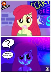 Size: 1414x2000 | Tagged: suggestive, artist:theminus, banned from derpibooru, deleted from derpibooru, derpibooru import, apple bloom, equestria girls, 2 panel comic, blacklight, comic, female, image, implied cum, jpeg, lolicon, police, solo, underage