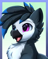 Size: 1446x1764 | Tagged: safe, artist:pridark, derpibooru import, oc, oc:blitz, unofficial characters only, gryphon, bust, chest fluff, commission, cute, fur, griffon oc, image, male, ocbetes, open mouth, png, portrait, solo