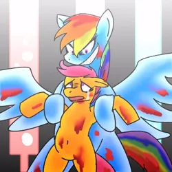 Size: 400x400 | Tagged: semi-grimdark, artist:kushina13, derpibooru import, rainbow dash, scootaloo, pegasus, pony, fanfic:rainbow factory, belly button, bipedal, blood, crying, duo, evil grin, fanfic art, female, filly, grin, image, jpeg, looking at each other, looking down, looking up, mare, open mouth, remake, restrained, sad, sharp teeth, smiling, spread wings, teeth, wings