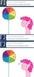 Size: 500x1121 | Tagged: safe, artist:askpinkiepieandfriends, derpibooru import, pinkie pie, rainbow dash, earth pony, pony, ask, candy, comic, female, food, frown, image, inanimate tf, lesbian, lollipop, looking at each other, mare, pinkiedash, png, shipping, simple background, smiling, smiling at each other, transformation, tumblr, white background