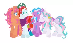 Size: 1280x759 | Tagged: safe, artist:universal-heart, derpibooru import, lulabelle, sparkleworks, sunshower, earth pony, pony, accessories, bandana, dream drifter, hat, image, jpeg, lgbt, pride flag, simple background, smiling, white background