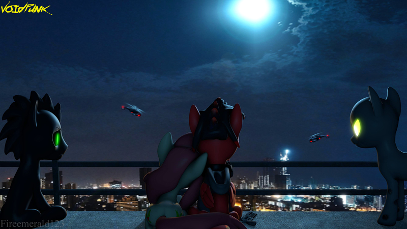 Size: 3840x2160 | Tagged: safe, artist:fireemerald123, derpibooru import, oc, oc:holly berry, oc:page feather, oc:smokey, oc:the voice, unofficial characters only, pegasus, unicorn, 3d, city, cityscape, gun, handgun, helicopter, image, jpeg, night, overlooking, pistol, railing, source filmmaker, void entity, void punk, watermark, weapon