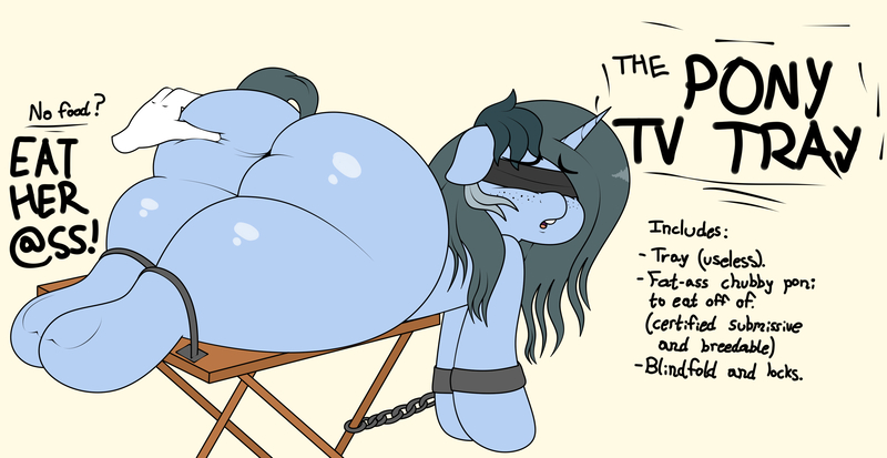 Size: 3476x1796 | Tagged: suggestive, artist:blitzyflair, derpibooru import, oc, oc:blitzy flair, unofficial characters only, pony, unicorn, advertisement, blindfold, butt, butt grab, butt touch, chained, disembodied hand, eyebrows, eyebrows visible through hair, fat, female, floppy ears, freckles, grope, hand, image, jpeg, large butt, mare, open mouth, plot, question, rear view, solo, solo female, text, the ass was fat, tray, underhoof, wide hips