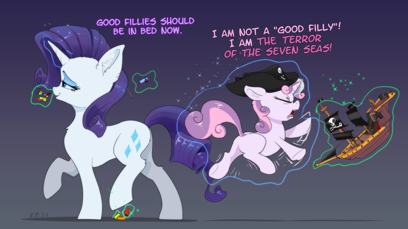 Size: 3988x2236 | Tagged: safe, artist:xbi, derpibooru import, rarity, sweetie belle, pony, unicorn, bedtime, best sisters, cannon, cute, female, filly, flailing, gradient background, hat, image, imminent pain, lego, levitation, magic, mare, pirate, pirate hat, pirate ship, png, pure unfiltered evil, ship, stepping on a lego, tabun art-battle finished after, telekinesis, this will not end well, toy
