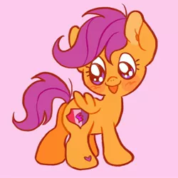 Size: 2048x2048 | Tagged: safe, artist:alexbeeza, derpibooru import, scootaloo, pegasus, pony, blushing, cute, cutealoo, female, filly, foal, happy, heart, image, jpeg, looking at cutie mark, looking at her butt, looking back, open mouth, shiny eyes, smiling, solo