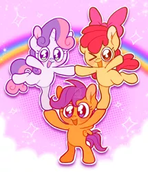 Size: 1758x2048 | Tagged: safe, artist:alexbeeza, derpibooru import, apple bloom, scootaloo, sweetie belle, earth pony, pegasus, pony, unicorn, flight to the finish, bipedal, blushing, cloud, cutie mark crusaders, female, filly, foal, happy, image, jpeg, looking at you, one eye closed, open mouth, pony pile, pony pyramid, pose, rainbow, smiling, sparkles, tower of pony, trio, wink