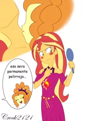 Size: 1280x1800 | Tagged: suggestive, artist:crock2121, derpibooru import, adagio dazzle, sunset shimmer, equestria girls, bare shoulders, bite mark, biting, blushing, clothes, comic, dialogue, duo, duo female, female, females only, image, implied nudity, implied sex, jpeg, lesbian, shipping, spanish, sunsagio, translated in the description