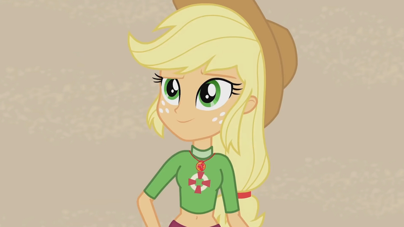 Size: 3410x1920 | Tagged: safe, derpibooru import, screencap, applejack, equestria girls, equestria girls series, turf war, applejack's hat, beach, belly button, cowboy hat, female, geode of super strength, hat, high res, image, jewelry, jpeg, lifeguard applejack, magical geodes, necklace, smiling, solo