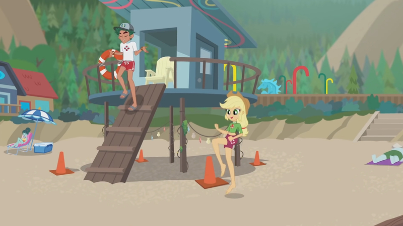 Size: 3410x1920 | Tagged: safe, derpibooru import, screencap, applejack, timber spruce, equestria girls, equestria girls series, turf war, applejack's hat, barefoot, beach, belly button, cowboy hat, eyes closed, feet, female, geode of super strength, hat, high res, image, jewelry, jpeg, lifeguard applejack, lifeguard timber, magical geodes, male, necklace, open mouth, smiling