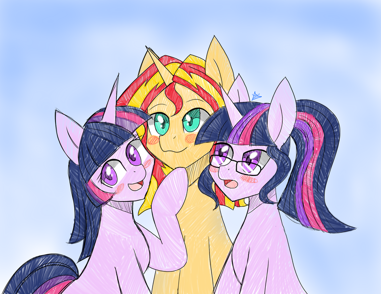 Size: 2200x1700 | Tagged: safe, artist:zachc, derpibooru import, sci-twi, sunset shimmer, twilight sparkle, ponified, pony, unicorn, equestria girls, abstract background, blushing, equestria girls ponified, female, glasses, image, lesbian, png, polyamory, scitwishimmer, self ponidox, shipping, sunset gets all the twilights, sunset twiangle, sunsetsparkle, unicorn sci-twi, unicorn twilight