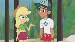 Size: 3410x1920 | Tagged: safe, derpibooru import, screencap, applejack, timber spruce, equestria girls, equestria girls series, turf war, :o, applejack's hat, beach, belly button, cowboy hat, female, geode of super strength, hat, high res, image, jewelry, jpeg, lifeguard applejack, lifeguard timber, magical geodes, male, necklace, open mouth, smiling