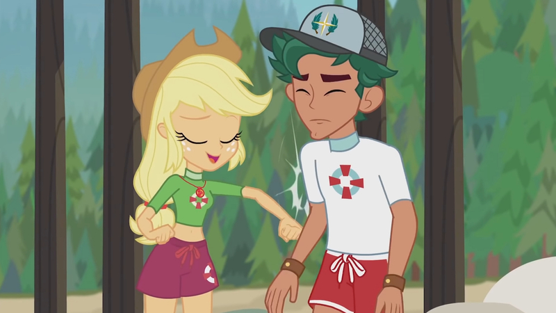 Size: 3410x1920 | Tagged: safe, derpibooru import, screencap, applejack, timber spruce, equestria girls, equestria girls series, turf war, applejack's hat, beach, belly button, cowboy hat, eyes closed, female, geode of super strength, hat, high res, image, jewelry, jpeg, lifeguard applejack, lifeguard timber, magical geodes, male, necklace, open mouth