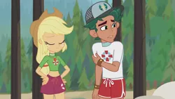 Size: 3410x1920 | Tagged: safe, derpibooru import, screencap, applejack, timber spruce, equestria girls, equestria girls series, turf war, applejack's hat, beach, belly button, cowboy hat, eyes closed, female, geode of super strength, hand on hip, hat, high res, image, jewelry, jpeg, lifeguard applejack, lifeguard timber, magical geodes, male, necklace, smiling