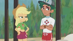 Size: 3410x1920 | Tagged: safe, derpibooru import, screencap, applejack, timber spruce, equestria girls, equestria girls series, turf war, applejack's hat, beach, belly button, cowboy hat, crossed arms, female, geode of super strength, hand on hip, hat, high res, image, jewelry, jpeg, lifeguard applejack, lifeguard timber, magical geodes, male, necklace, smiling