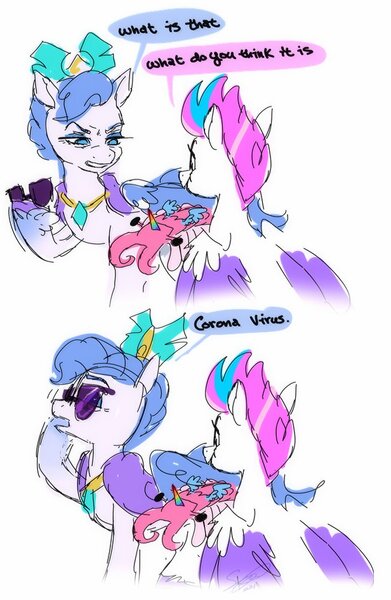 Size: 616x946 | Tagged: safe, artist:theroyalprincesses, derpibooru import, queen haven, zipp storm, anomalocaris, pegasus, pony, coronavirus, female, g5, horn, image, jpeg, speech bubble, sunglasses, wings