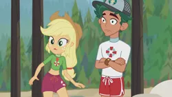 Size: 3410x1920 | Tagged: safe, derpibooru import, screencap, applejack, timber spruce, equestria girls, equestria girls series, turf war, applejack's hat, beach, belly button, cowboy hat, crossed arms, female, geode of super strength, hat, high res, image, jewelry, jpeg, lifeguard applejack, lifeguard timber, magical geodes, male, necklace, open mouth