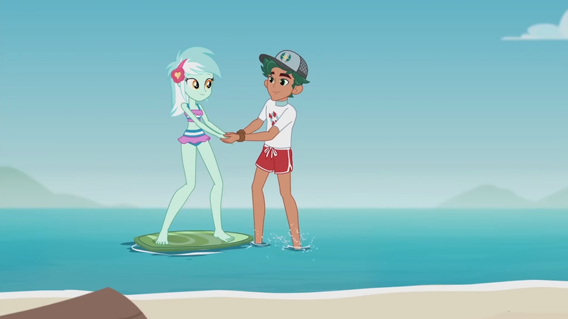 Size: 3410x1920 | Tagged: safe, derpibooru import, screencap, lyra heartstrings, timber spruce, equestria girls, equestria girls series, turf war, beach, belly button, female, high res, image, jpeg, lifeguard timber, male, smiling, surfboard