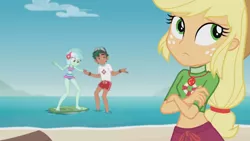 Size: 3410x1920 | Tagged: safe, derpibooru import, screencap, applejack, lyra heartstrings, timber spruce, equestria girls, equestria girls series, turf war, applejack's hat, beach, belly button, cowboy hat, crossed arms, female, geode of super strength, hat, high res, image, jewelry, jpeg, lifeguard applejack, lifeguard timber, magical geodes, male, necklace, smiling