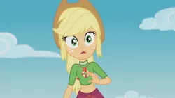 Size: 3410x1920 | Tagged: safe, derpibooru import, screencap, applejack, equestria girls, equestria girls series, turf war, applejack's hat, belly button, cowboy hat, female, geode of super strength, hat, high res, image, jewelry, jpeg, lifeguard applejack, magical geodes, necklace, open mouth, solo