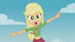 Size: 3410x1920 | Tagged: safe, derpibooru import, screencap, applejack, equestria girls, equestria girls series, turf war, belly button, female, geode of super strength, high res, image, jewelry, jpeg, lifeguard applejack, magical geodes, necklace, open mouth, solo
