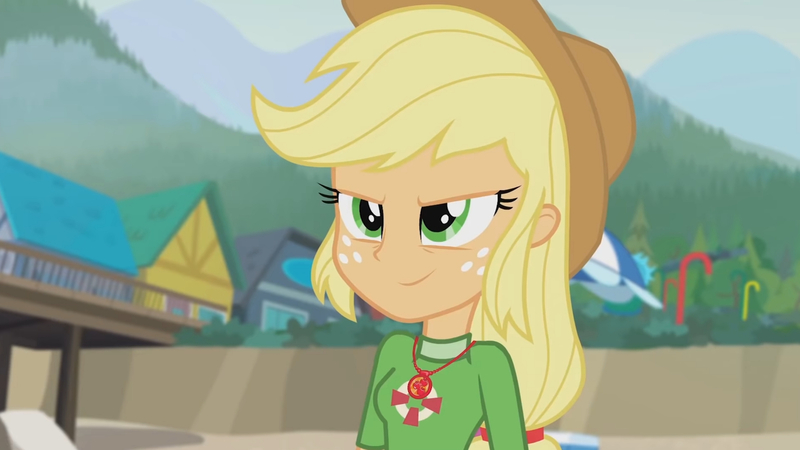 Size: 3410x1920 | Tagged: safe, derpibooru import, screencap, applejack, equestria girls, equestria girls series, turf war, applejack's hat, beach, cowboy hat, female, geode of super strength, hat, high res, image, jewelry, jpeg, lifeguard applejack, magical geodes, necklace, smiling, solo