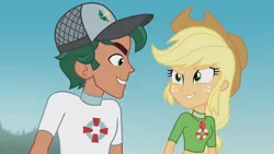Size: 3410x1920 | Tagged: safe, derpibooru import, screencap, applejack, timber spruce, equestria girls, equestria girls series, turf war, applejack's hat, beach, cowboy hat, female, geode of super strength, grin, hat, high res, image, jewelry, jpeg, lifeguard applejack, lifeguard timber, looking at each other, magical geodes, male, necklace, smiling, smiling at each other