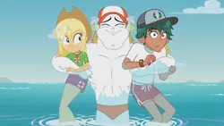 Size: 3410x1920 | Tagged: safe, derpibooru import, screencap, applejack, bulk biceps, timber spruce, equestria girls, equestria girls series, turf war, applejack's hat, beach, belly button, cowboy hat, eyes closed, female, geode of super strength, hat, high res, image, jewelry, jpeg, lifeguard applejack, lifeguard timber, magical geodes, male, necklace, smiling, wet hair