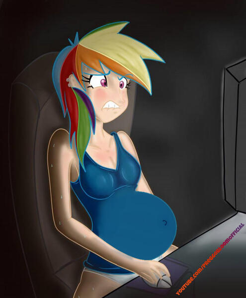 Size: 1024x1240 | Tagged: artist needed, questionable, artist:preggoapplebloom, derpibooru import, edit, rainbow dash, human, mouse, belly, blushing, breasts, clopping, clothes, computer, ear piercing, female, humanized, image, jpeg, link in description, lip bite, multicolored hair, panties, piercing, preggo dash, pregnant, pregnant edit, rainbow hair, solo, tanktop, text, underwear