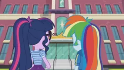 Size: 3410x1920 | Tagged: safe, derpibooru import, screencap, rainbow dash, sci-twi, twilight sparkle, equestria girls, equestria girls series, the last day of school, clothes, female, glasses, high res, hoodie, image, jpeg, ponytail
