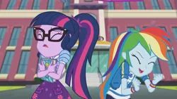 Size: 3410x1920 | Tagged: safe, derpibooru import, screencap, rainbow dash, sci-twi, twilight sparkle, equestria girls, equestria girls series, the last day of school, clothes, cutie mark, cutie mark on clothes, eyes closed, female, geode of super speed, glasses, high res, hoodie, image, jewelry, jpeg, magical geodes, necklace, open mouth, ponytail