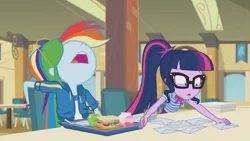 Size: 3410x1920 | Tagged: safe, derpibooru import, screencap, rainbow dash, sci-twi, twilight sparkle, equestria girls, equestria girls series, the last day of school, apple, bowtie, clothes, female, food, geode of super speed, geode of telekinesis, glasses, high res, hoodie, image, jewelry, jpeg, magical geodes, milk, necklace, nose in the air, open mouth, ponytail, sandwich, sunglasses