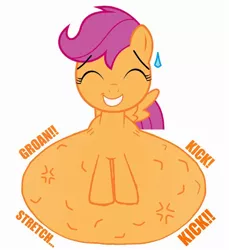 Size: 880x960 | Tagged: artist needed, suggestive, artist:preggoapplebloom, derpibooru import, edit, scootaloo, pegasus, pony, belly, belly bed, big belly, cross-popping veins, female, filly, foal, grin, huge belly, hyper, hyper belly, hyper pregnancy, image, impossibly large belly, jpeg, kicking, nervous, nervous grin, onomatopoeia, pregnant, pregnant edit, pregnant foal, pregnant scootaloo, simple background, smiling, solo, sweat, sweatdrop, text, white background