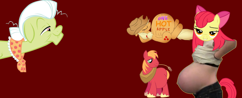 Size: 1023x415 | Tagged: artist needed, suggestive, artist:preggoapplebloom, derpibooru import, edit, apple bloom, applejack, big macintosh, granny smith, anthro, earth pony, pony, apple bloom's bow, apple family, applejack's hat, banner, belly, belly button, body writing, bow, bra, clothes, cowboy hat, crop top bra, cutie mark, facebook, female, granny smith's shawl, grin, hair bow, hat, image, jeans, long mane, lying down, male, male pregnancy, missing cutie mark, on back, outie belly button, pants, photomanipulation, png, preggo jack, pregnant, pregnant edit, red background, simple background, smiling, straw, straw in mouth, text, underwear