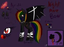 Size: 2884x2148 | Tagged: safe, artist:candysugarskullgirl9, derpibooru import, oc, oc:nightmare bow, unofficial characters only, alicorn, bandage, bandaged leg, bandaged wing, bat wings, choker, cutie mark, ear piercing, female, horn, image, magic, multicolored hair, piercing, png, princess, purple background, rainbow hair, rainbow tail, scar, simple background, solo, spiked choker, tail, tattoo, text, wings