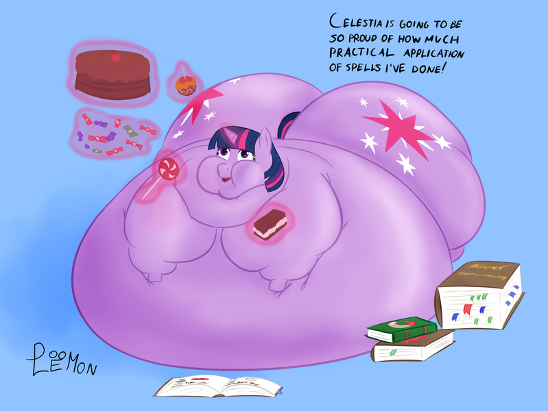 Size: 4540x3408 | Tagged: questionable, artist:doomlemon, derpibooru import, twilight sparkle, pony, unicorn, apple, belly, belly bed, big belly, bingo wings, blue background, book, both cutie marks, butt, cake, candy, candy apple (food), chubby cheeks, dialogue, double chin, fat, fat fetish, female, fetish, food, glow, glowing horn, high res, horn, huge belly, huge butt, ice cream cone, ice cream sandwich, image, immobile, impossibly large belly, impossibly large butt, impossibly obese, large butt, levitation, lollipop, magic, magic aura, morbidly obese, obese, png, rolls of fat, sandwich, simple background, solo, solo female, squishy, stretched cutie mark, telekinesis, twilard sparkle, unicorn twilight
