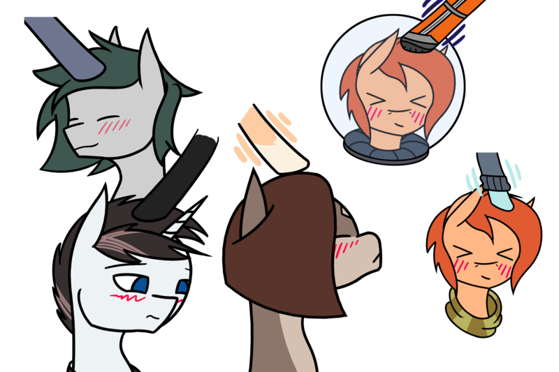 Size: 2400x1600 | Tagged: safe, artist:klp8, derpibooru import, oc, oc:aoi, oc:pencil pusher, oc:rusty gears, oc:solar, oc:whispy slippers, unofficial characters only, earth pony, pegasus, pony, unicorn, >w<, ^w^, astronaut, blushing, earth pony oc, female, glasses, helmet, horn, image, male, mare, pat, patting, pegasus oc, petting, png, simple background, spacesuit, stallion, transparent background, unicorn oc, wings