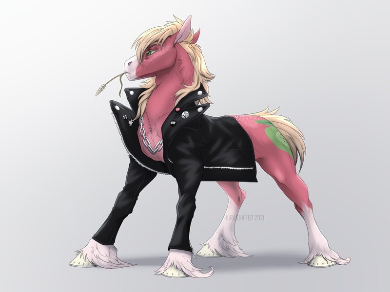 Size: 2000x1500 | Tagged: safe, artist:dementra369, derpibooru import, big macintosh, earth pony, pony, clothes, horseshoes, image, jacket, jewelry, jpeg, leather jacket, necklace, solo, unshorn fetlocks