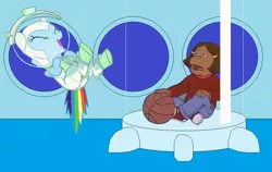 Size: 1008x636 | Tagged: safe, artist:guihercharly, derpibooru import, rainbow dash, arthur, astrodash, astronaut, basketball, captured, clothes, costume, crossover, francine frensky, glass tube, image, laughing, png, sad, space helmet, spaceship, spacesuit, sports