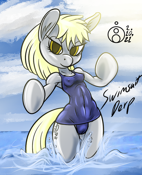 Size: 936x1147 | Tagged: questionable, alternate version, artist:sepiakeys, derpibooru import, derpy hooves, anthro, arm hooves, breasts, cameltoe, clothes, erect nipples, female, image, nipple outline, one-piece swimsuit, png, see-through, solo, solo female, sukumizu, swimsuit