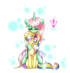 Size: 3806x3964 | Tagged: safe, artist:fantisai, derpibooru import, oc, unofficial characters only, pony, unicorn, blushing, duo, eye clipping through hair, eyes closed, horn, hug, hug from behind, image, png, simple background, smiling, transparent background, unicorn oc