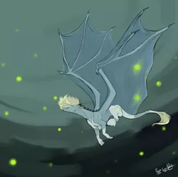 Size: 1669x1665 | Tagged: safe, artist:penrosa, derpibooru import, oc, oc:frostbitten, unofficial characters only, dragon, firefly (insect), insect, abstract background, dragon oc, flying, image, png, signature, solo, wings