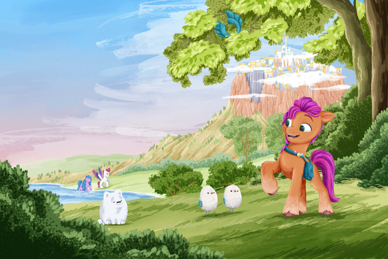 Size: 2502x1676 | Tagged: safe, artist:rachael saunders, derpibooru import, official, izzy moonbow, sunny starscout, zipp storm, bird, my little pony: a new generation, cloudpuff, g5, image, painting, png, traditional art, zephyr heights