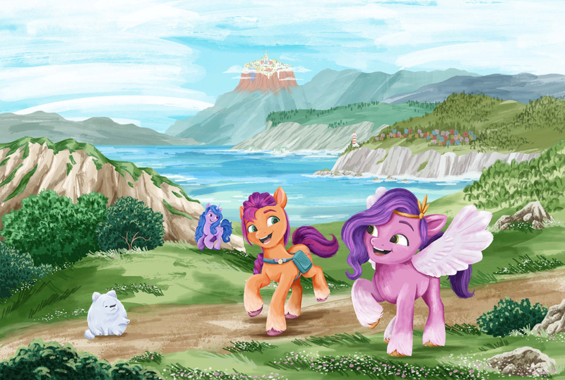 Size: 2497x1680 | Tagged: safe, artist:rachael saunders, derpibooru import, official, cloudpuff, izzy moonbow, pipp petals, sunny starscout, my little pony: a new generation, g5, image, painting, png, traditional art, zephyr heights